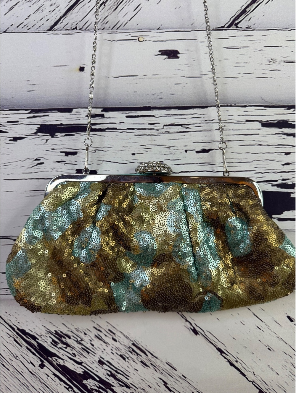 Lulu Townsend Luxury Blue Gold Sequin Evening Glam Clutch Bag Rhinestone Clasp